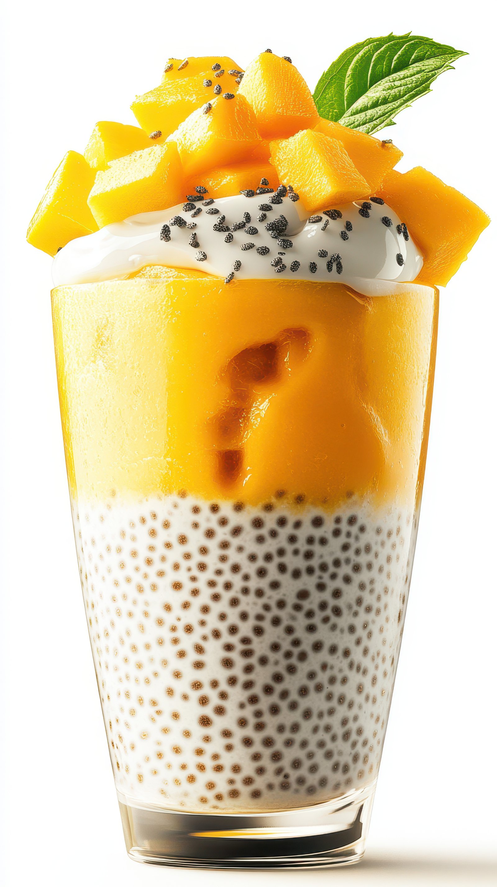 Refreshing dessert featuring chilled mango puree and coconut chia pudding for a tropical treat